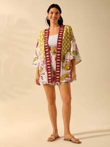 CAJUNI 女士波西米亚风彩色热带印花和服罩衫，宽松版型，适合度假和海滩，夏季 - 彩色 - 查看 7