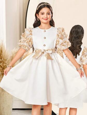 SHEIN 女童雪纺仿珍珠纽扣装饰褶饰荷叶边泡泡袖公主裙、选美舞会礼服、生日派对、花童礼服