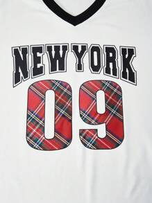SHEIN Conjunto de 2 piezas de niña preadolescente con blusa de manga corta con cuello en V y estampado a cuadros, y falda con pliegues