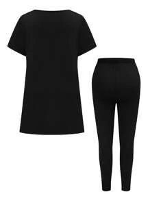 SHEIN LUNE 2pcs Plus Size Short Sleeve T-Shirt And Pants Set, Minimalist Fashion Casual Daily Wear