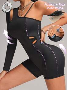 Innovista Women Activewear Asymmetric Zip-Up Foil Print Sports Jumpsuit,Black Summer Sexsy Pilates Faux Leather&Metallic Shine Gym Romper,Elastic Fitness Outfit - Black - View 2