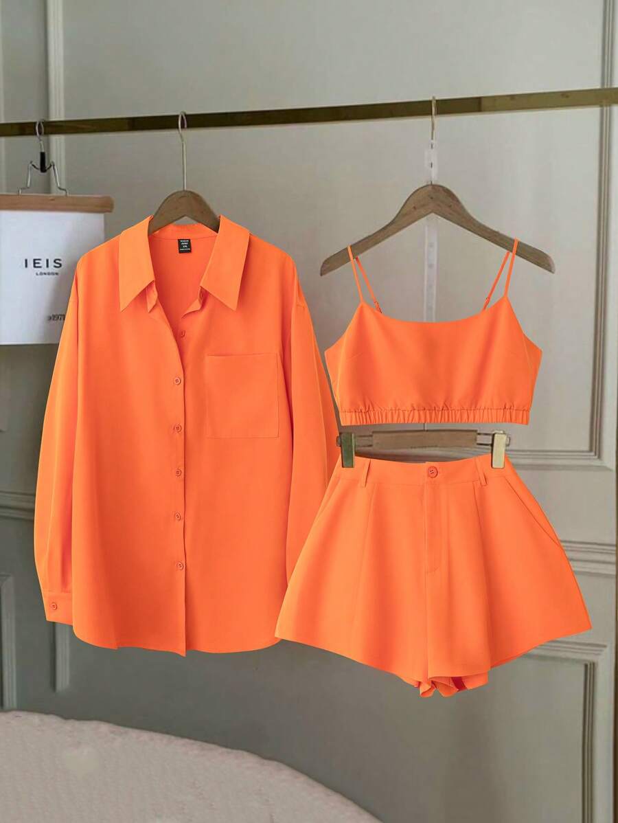 Franclia Bộ 3 món áo sơ mi dài tay rộng rãi màu cam thường ngày dành cho nữ cỡ lớn + áo ba lỗ + quần short - trái cam - Xem 1