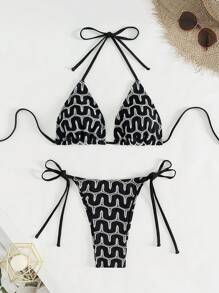 Swim SXY Springbreak 女士夏季海滩性感吊带波浪钩针系带侧边泳衣套装，节日波西米亚风格 - 黑與白 - 查看 4