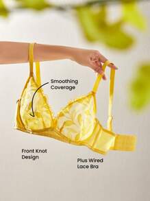 LUVLETTE Yellow Embroidered Elegance Floral Lace & Mesh Lingerie Lounge Curve Breathable Unlined Plunge V-Neck Sheer Minimizer Bra - Yellow - View 2