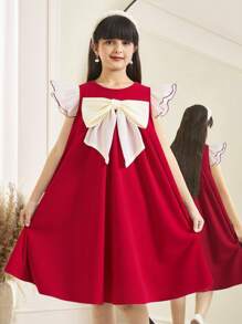 SHEIN Vestido A-line con bloque de color, decoración de moño y mangas cortas para niña preadolescente