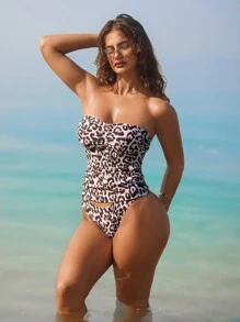 Swim Vcay 性感豹纹荷叶边设计抹胸比基尼套装，夏日海滩度假