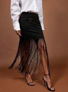 COSMINA Falda con flecos negra elegante para mujer, primavera/verano - Negro - Ver 5