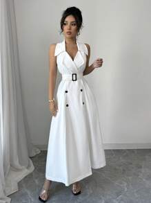 Elenzga Women's Elegant French Style Casual/Vacation/Commute Solid Color Notched Collar, Double-Breasted, Cinched Waist Long Dress, Sleeveless, A-Line, Spring/Summer