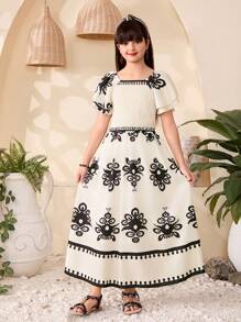 SHEIN 2 件套 Tween Girls 方领短袖印花简约上衣和裙子