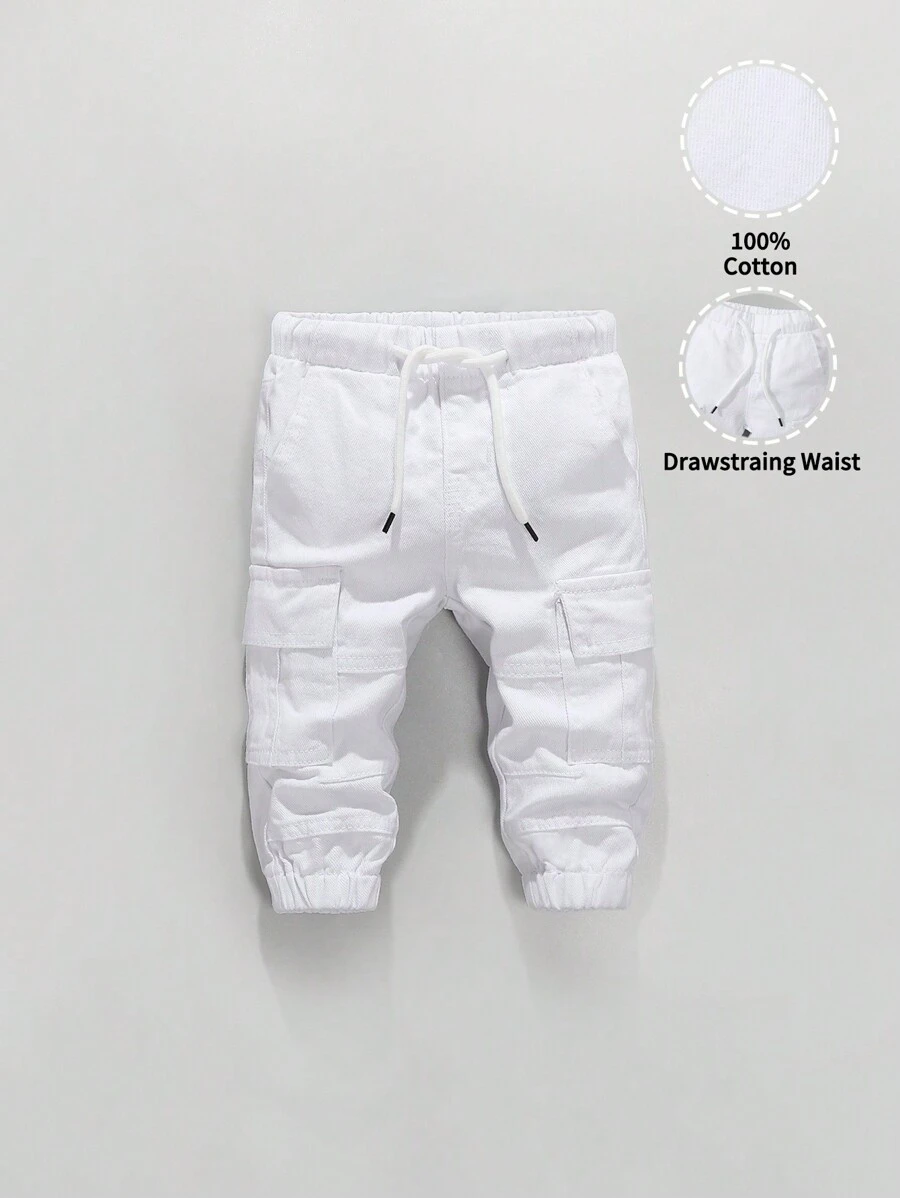 SHEIN Baby Boys' Retro Casual Street Cool Multi-Pocket Loose Comfortable Full Elastic Waist Drawstring Cuffed Washed Light Blue Denim Cargo Pants - White - View 1