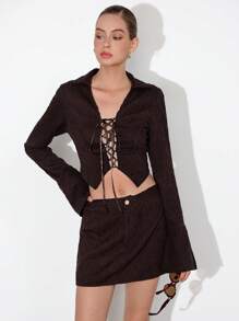 GENKIRA 2pcs Set - Cocoa Brown Textured Ruched Top With Satin Bowknot Waist & Bodycon Mini Skirt, Women Fall Cloth For Women - Brown - View 1