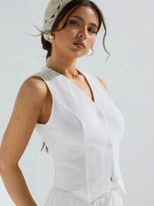 Athîral Top sans manches casual femme à boutons avec texture de couleur unie - Blanc - Voir 4