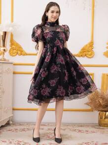 Teen Girl Elegant Floral Allover Print Puff Sleeve Dress - Black - View 5
