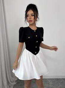 Elenzga Black & White Color Block Dress With Metal Buckle Decor - Black and White - View 4