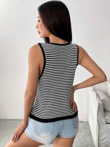 Chiquease Women Striped 3D Floral Decor Sleeveless Slit Knit Top