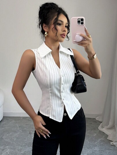 Elenzga Blusa elegante casual de estilo francés chic para uso diario, de vacaciones, con escote en V, sin mangas, con rayas, decoración de botones y bajo con hendidura, para primavera/verano