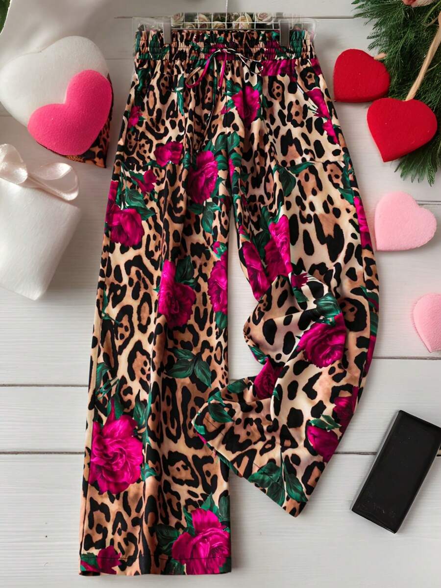 SHEIN LUNE Plus Size Women's Valentine Leopard Print Floral Print Summer High Waist Loose Casual Pants Casual Pants, Old Money Going Out Pants