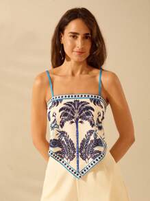 CAJUNI 女式波西米亚风热带椰子树和鹦鹉印花 V 领系带后背吊带背心，夏季休闲沙滩背心 - 彩色 - 查看 4