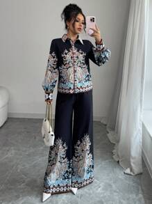 Rafferiza 2 件套女士复古定位印花长袖休闲宫廷风上衣 + 松紧腰阔腿裤 - 黑色 - 查看 4