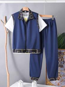 SHEIN Leap Crew 3 件套青少年男孩休闲斋月背心、短袖衬衫和裤子 - 黑色 - 查看 4