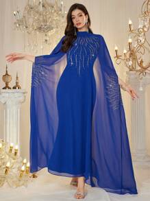 Al Najma 女士宽松紫色优雅水钻和串珠长袍 - 藍色 - 查看 3