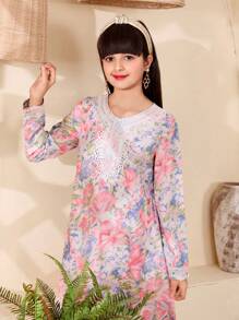 女童扎染花卉印花连衣裙，蓝色和粉色 - 粉色 - 查看 3