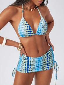 Swim EVENT Women's Summer Halter Neck String Casual Resort Fashionable Hot-Selling Printed, Music Festival Party, Pleated Sides Sexy Minimalist Bikini Swimsuit 3-Piece Set - Multicolor - View 5