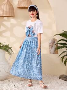 SHEIN 2 Stücke/Set Tween Mädchen Rundhals Kurzarm Grafik Muster lässiger Top und Rock Outfit - Blau - Übersicht 7