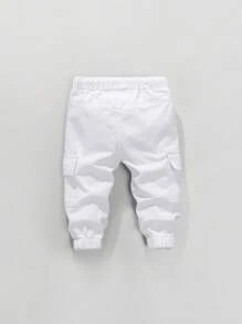 SHEIN Baby Boys' Retro Casual Street Cool Multi-Pocket Loose Comfortable Full Elastic Waist Drawstring Cuffed Washed Light Blue Denim Cargo Pants - White - View 2