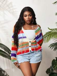 BamGleam 女士彩色流苏镂空长袖开衫