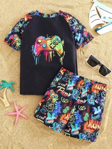 SHEIN 2pcs Kids/Tween Boys Casual Versatile Printed Round Neck Short Sleeve Top And Printed Swim Trunks Swimsuit Set