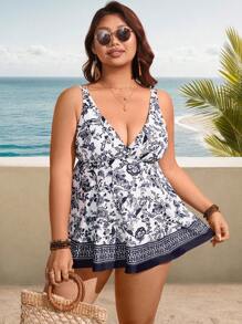 Swim Lushoire Plus Size 2pcs/Set Floral Random Retro Print Cross Front Adjustable Strap Dress & High Waist Swim Shorts, Elegant Ladies Beach Summer Vacation Swimsuit Set - Multicolor - View 3