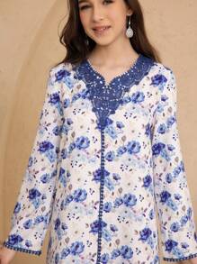 Teen Girl Long Sleeve Flower Print Casual Long Dress