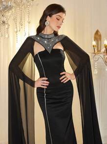 Modelyn Women's Rhinestone Embellished V-Neck Elegant Lantern Sleeve Long Dress