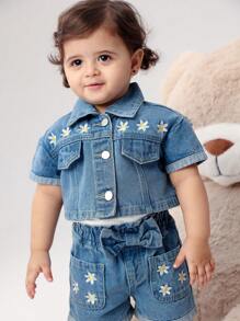 Set 2 Potong Denimly Baby Girls Fashion Motif Bunga Lucu Pinggang Elastis Dekorasi Pita Denim Cuci - Medium Wash - View 4