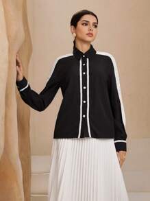 Graceveil Camisa casual de mujer de manga larga con botones delanteros y bloque de color