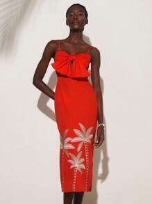 Aveloria Modichic Red Front Bowknot Lace-Up Hollow Design Sexy Vacation Elegant Coconut Tree Embroidery Strap Slip Dress - Red - View 3