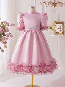 SHEIN Tween Girl Floral Print Ruffle Collar Short Sleeve Elegant Mid-Length Dress - Pink - View 4