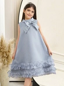 SHEIN Tween Girl 蝴蝶结领荷叶边无袖 A 字形欧根纱连衣裙