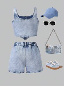 SHEIN Tween Girl Street Style Snug Fit Denim Set, Spring/Summer Outfit Clothes - Light Wash - View 2