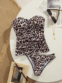 Swim Vcay 性感豹纹荷叶边设计抹胸比基尼套装，夏日海滩度假