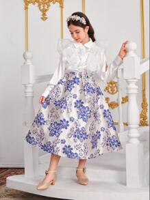SHEIN 2pcs/Set Tween Girl Elegant Floral Ruffle Sleeve Blouse And Flared Skirt Set, Soft Satin & Organza - Multicolor - View 5