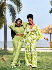 Slaydiva Spring/Summer New Women's Elegant Pleated Flare Sleeve Top And Pants Set, Versatile For Party, Banquet, Casual, Vacation, Cruise Travel, Beach, Sundress