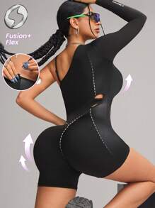 Innovista Women Activewear Asymmetric Zip-Up Foil Print Sports Jumpsuit,Black Summer Sexsy Pilates Faux Leather&Metallic Shine Gym Romper,Elastic Fitness Outfit - Black - View 3