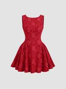 SHEIN Sweetro 女士休闲圆领无袖简约泡泡皱褶 A 字形连衣裙 - 紅色 - 查看 1