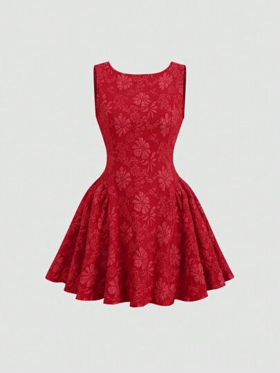 Sweetra 女士休闲圆领无袖简约泡泡皱褶 A 字形连衣裙