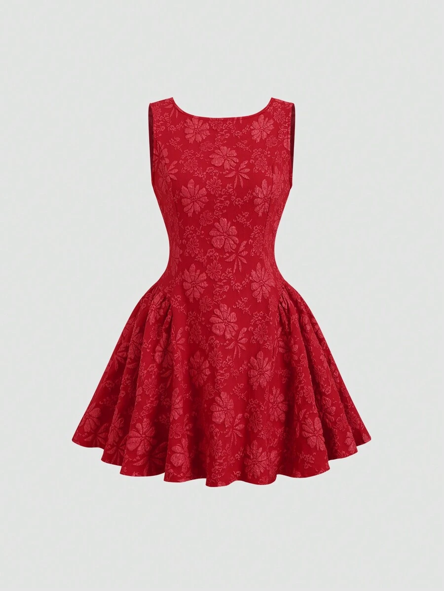 SHEIN Sweetro 女士休闲圆领无袖简约泡泡皱褶 A 字形连衣裙 - 紅色 - 查看 1