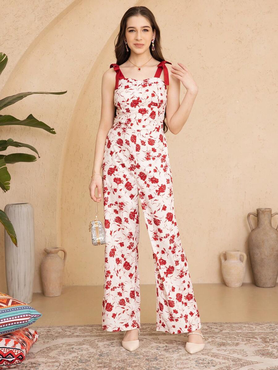 SHEIN 青少年女孩 (女孩) 素色拼接繫帶極簡休閒連身褲 - 紅色 - 查看 1