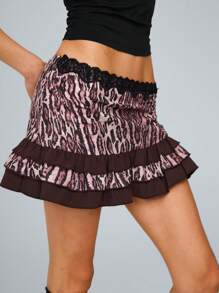 Lunelith SHEIN Lunessa Falda casual de talle bajo minimalista con estampado de leopardo por parches para mujer