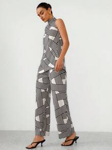 Aveloria Modichic Set de 2 piezas con top sin mangas de cuello alto impreso y pantalones con cordón, estilo minimalista para mujer